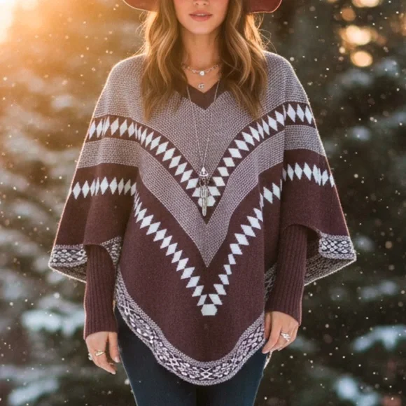 Trendsetter Geometric Knit Poncho Maroon White Boho Cozy Winter Small Medium - Picture 12 of 12